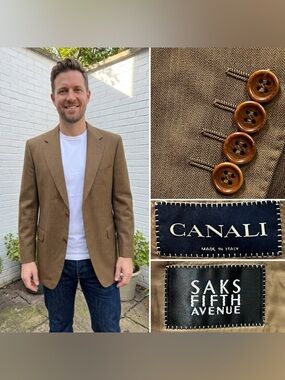 Canali Men’s EU 54 / US 44 Brown Super 120s Wool Two Button Blazer Jacket Saks